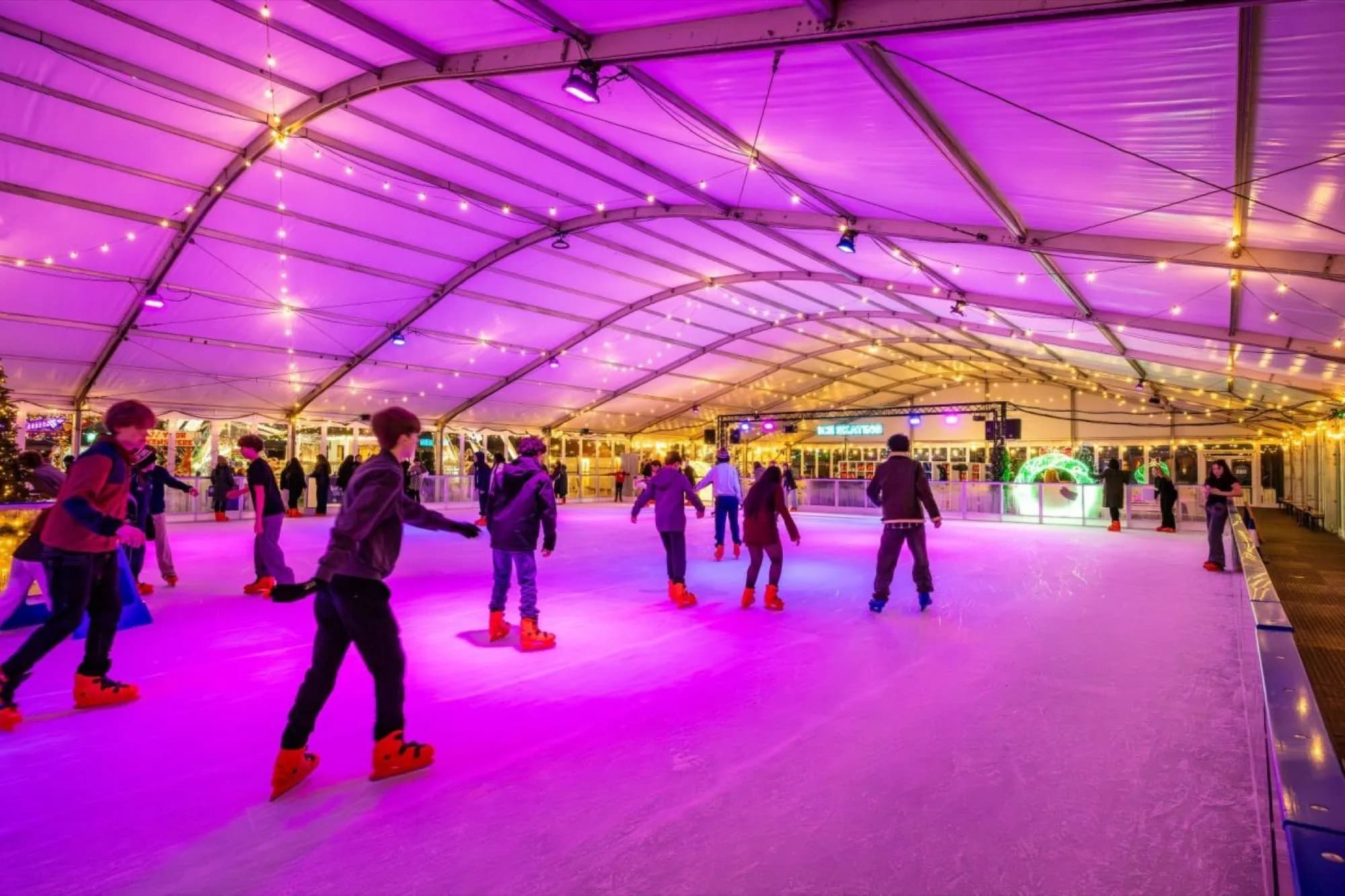 Skaters on the ice under purple lighting